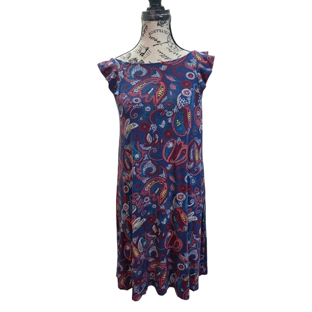 Loft Petite SP Blue Paisley Midi Shift Dress Strappy Criss Cross Back Bohemian